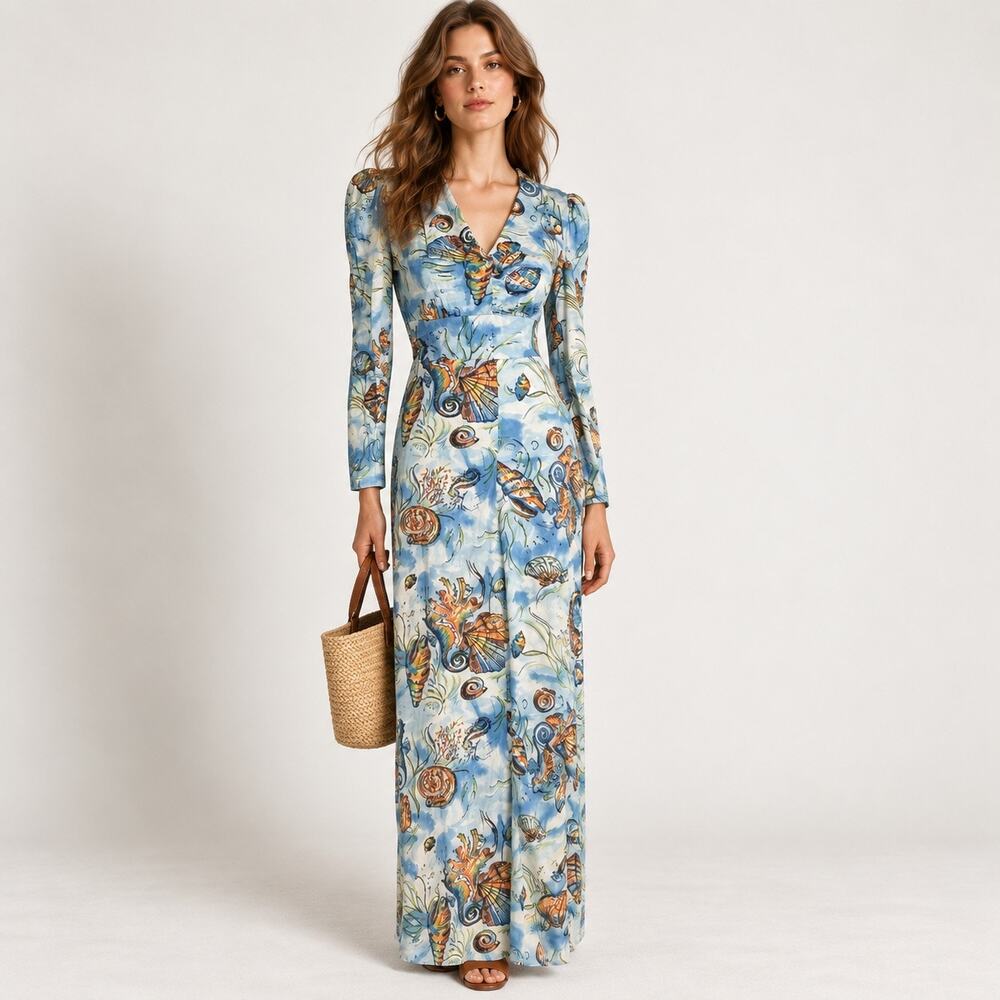 Vintage 70s Sea Life Maxi Dress Handmade Ocean Print Empire Waist S